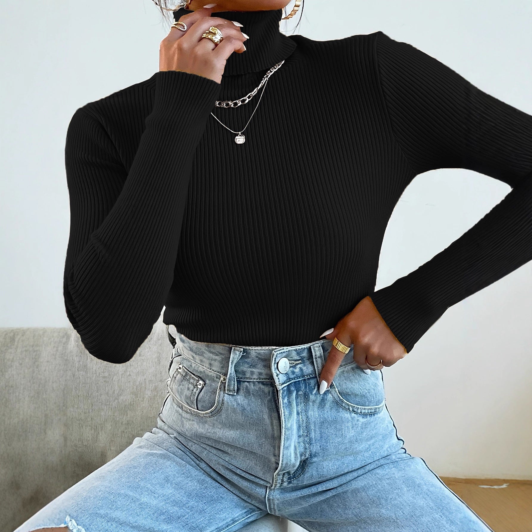 Damen Rollkragenpullover mit modernem Rippdesign WW