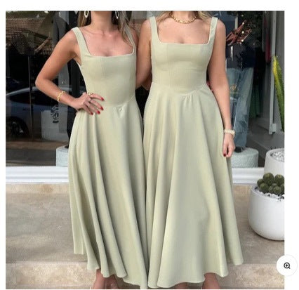 Damen Maxikleid mit quadratischen Ausschnitten und fließendem Rock WW
