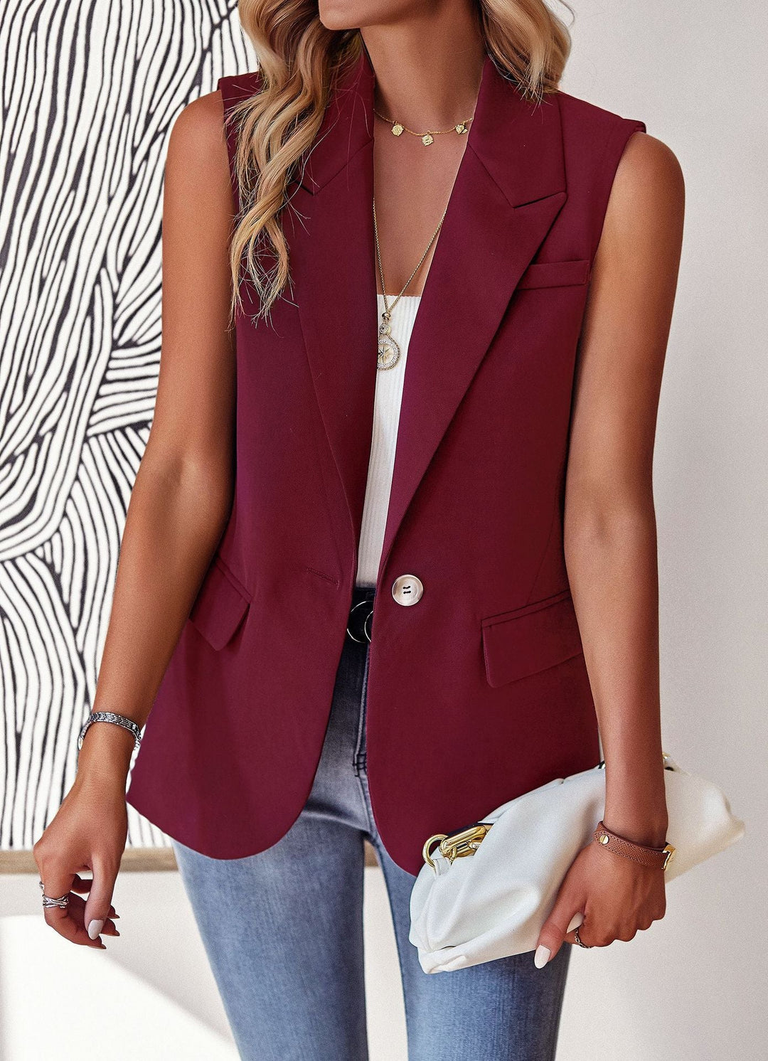 Damen lässiger Blazer ohne Ärmel mit tailliertem Schnitt und eleganten Taschen W&W Mode