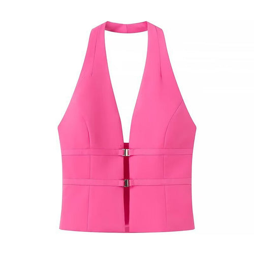 Damen ärmelloses Oberteil mit tiefem V-Ausschnitt und modischem Gürtel WW