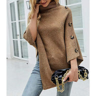 Damen Strick-Poncho mit steigendem Kragen und dekorativen Knopfdetails WW