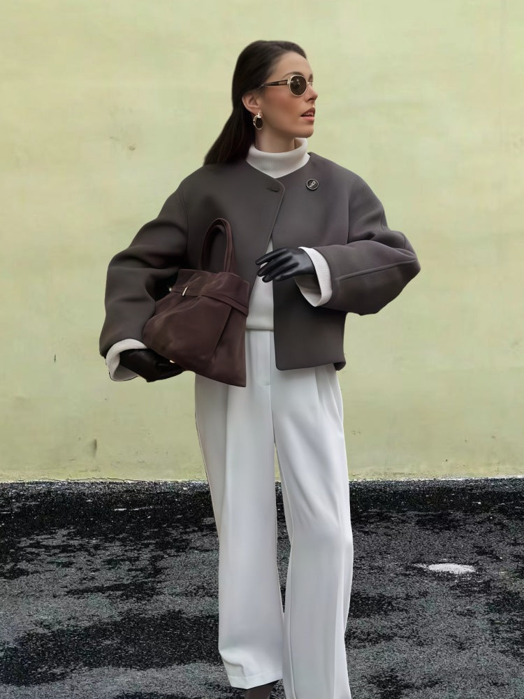 Damen Wickeljacke mit weiten Ärmeln und dekorativem Knopf WW