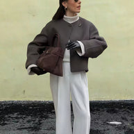 Damen Wickeljacke mit weiten Ärmeln und dekorativem Knopf WW