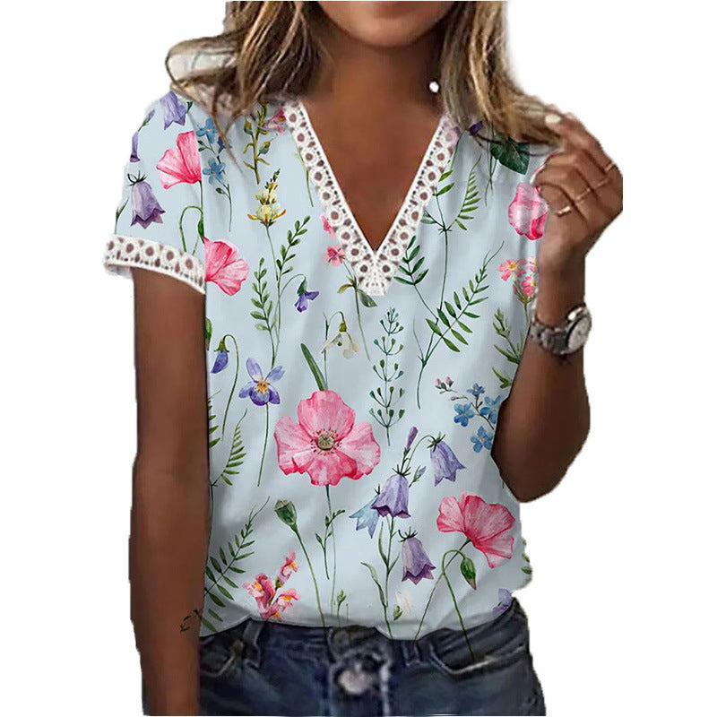 W&W Mode | Elegantes T-Shirt Mit Kurzen Ärmeln Und V-Ausschnitt Print Für Damen