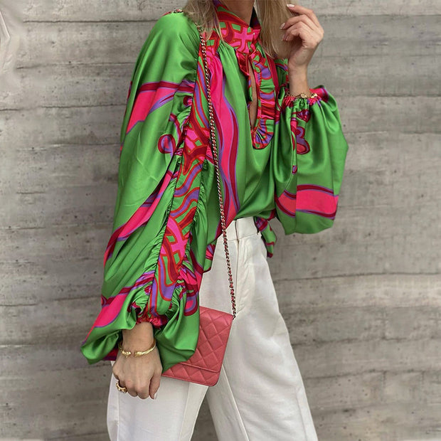 Damen Stylische Bluse mit voluminösen Ärmeln und farbenfrohem Muster WW