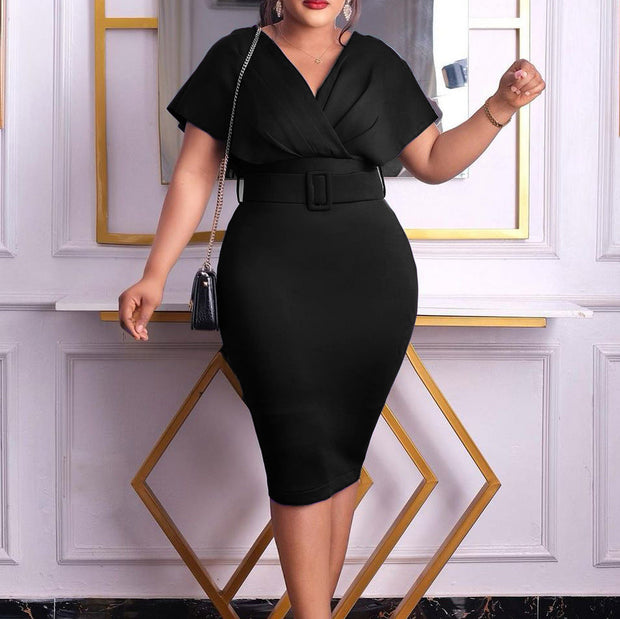 WW | Damen V-Ausschnitt Figurbetontes Midi Kleid mit Gürtel