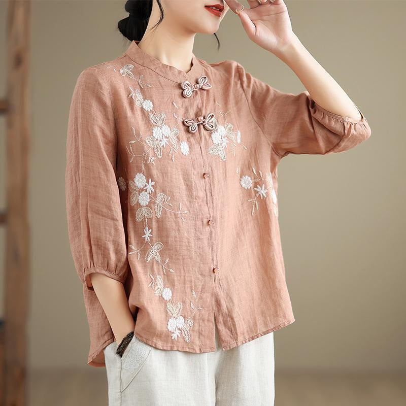 Damen Bestickte Bluse mit halben Ärmeln und Mandarin-Kragen WW