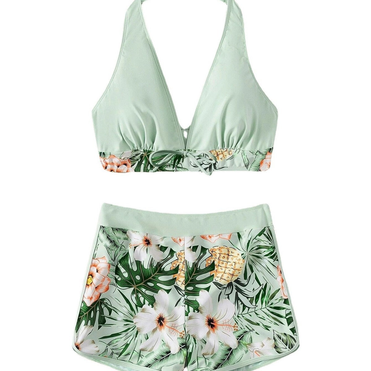 Damen Sportliches Bikini-Set mit geflochtenem Oberteil und gemusterter Shorts WW