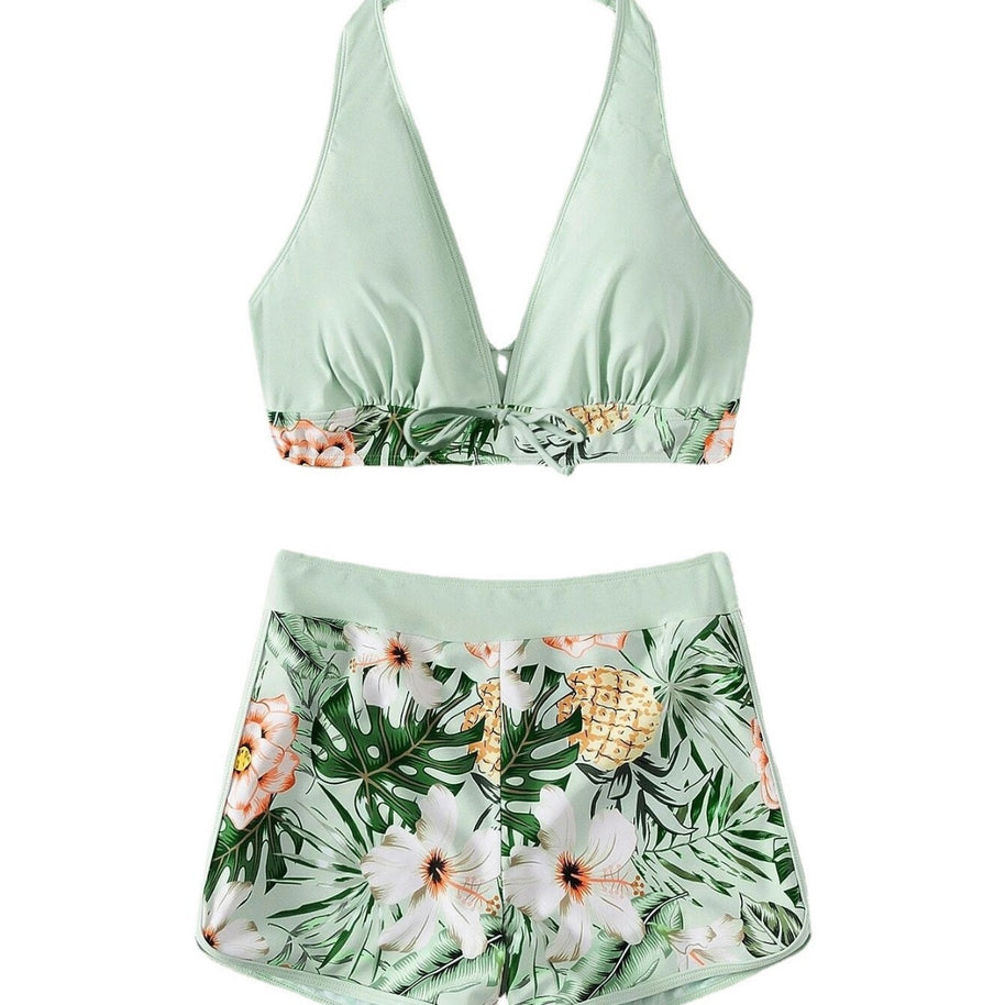 Damen Sportliches Bikini-Set mit geflochtenem Oberteil und gemusterter Shorts WW