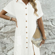 Damen Knielanges Hemdblusenkleid mit knopfbarem Design und praktischen Taschen WW