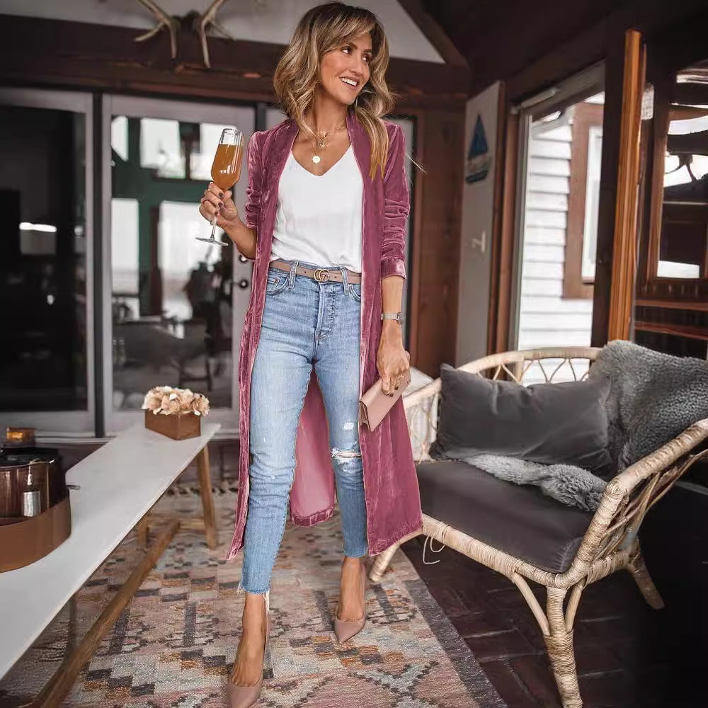 Damen Schicke lange Veloursjacke mit offenem Schnitt WW