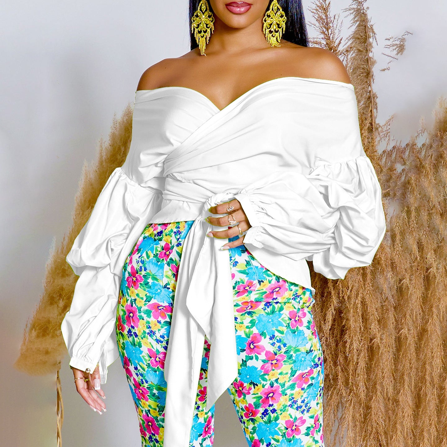 Damen Wickelbluse mit voluminösen Ärmeln und eleganter Schleifenbindung WW
