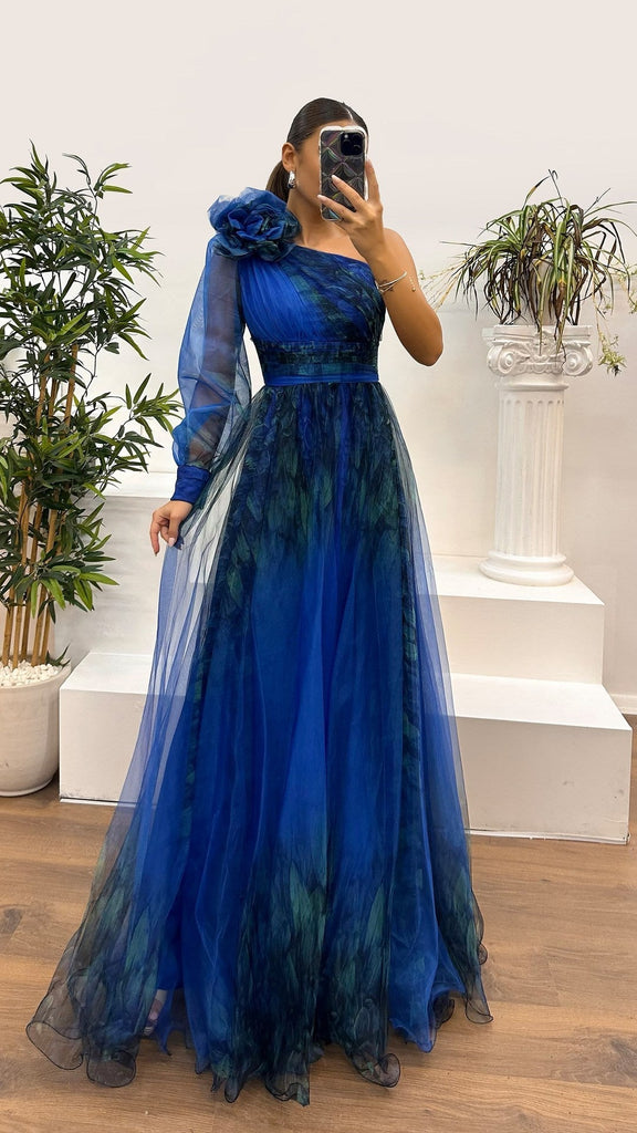 WW | Frühling Herbst Schräg Schulter Mesh Blumenmuster Kleid Lässig Locker Festlich Kleid