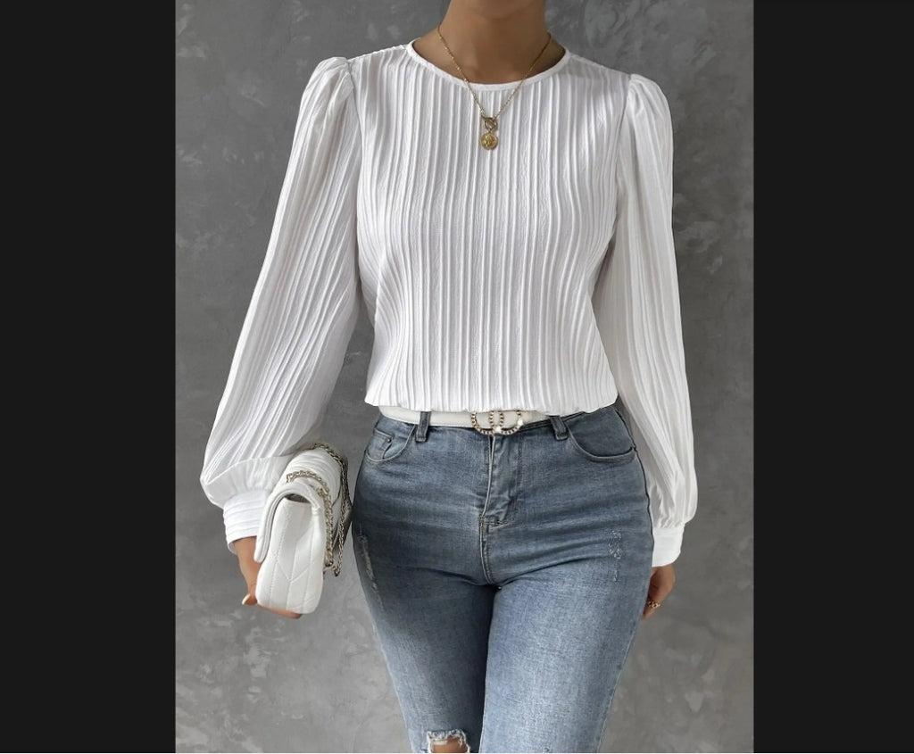 Damen strukturierte Bluse mit Ballonärmeln und Rippdetails WW