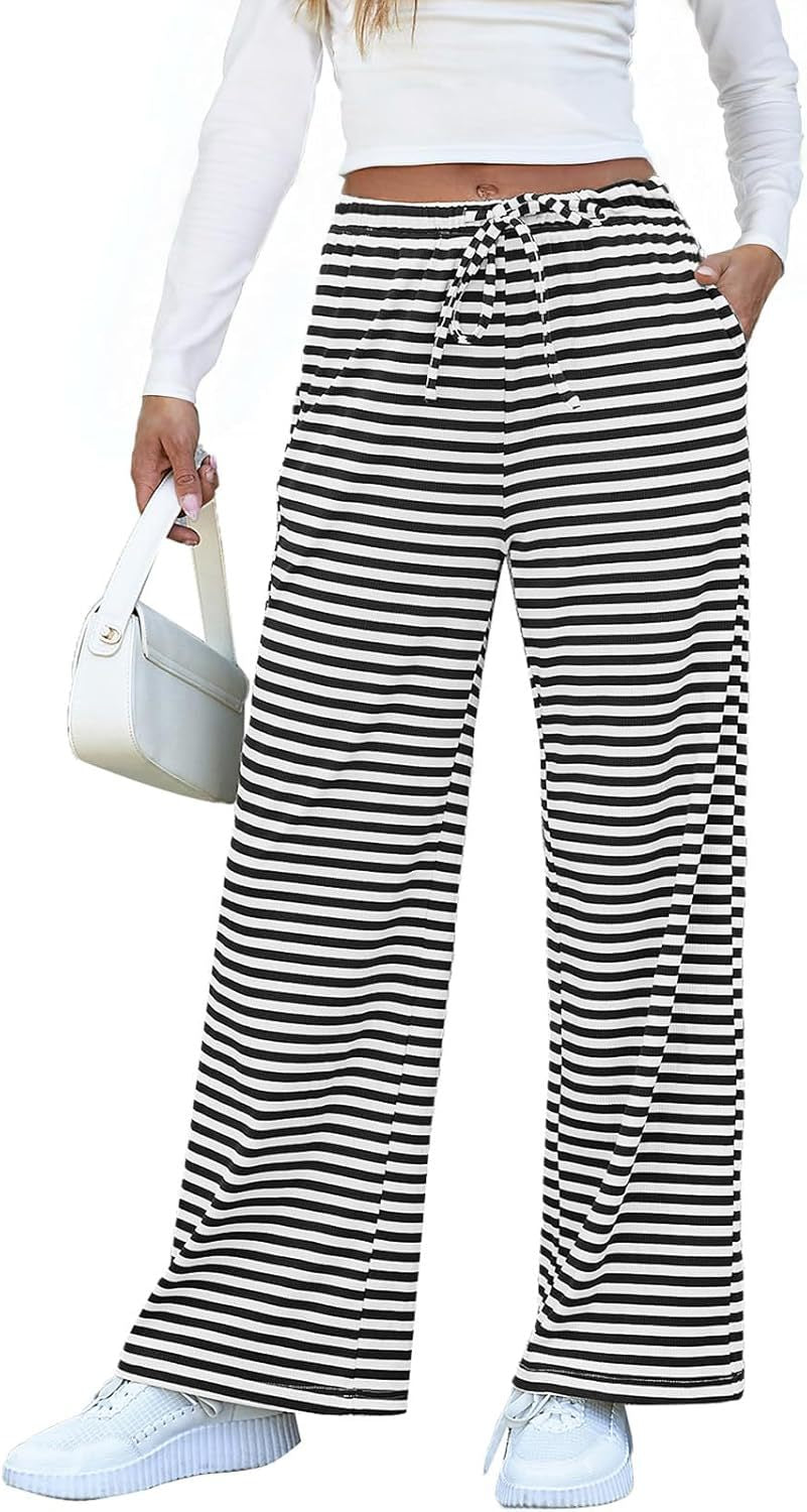 Damen weite Streifenhose mit elastischem Bund und Kordelzug WW