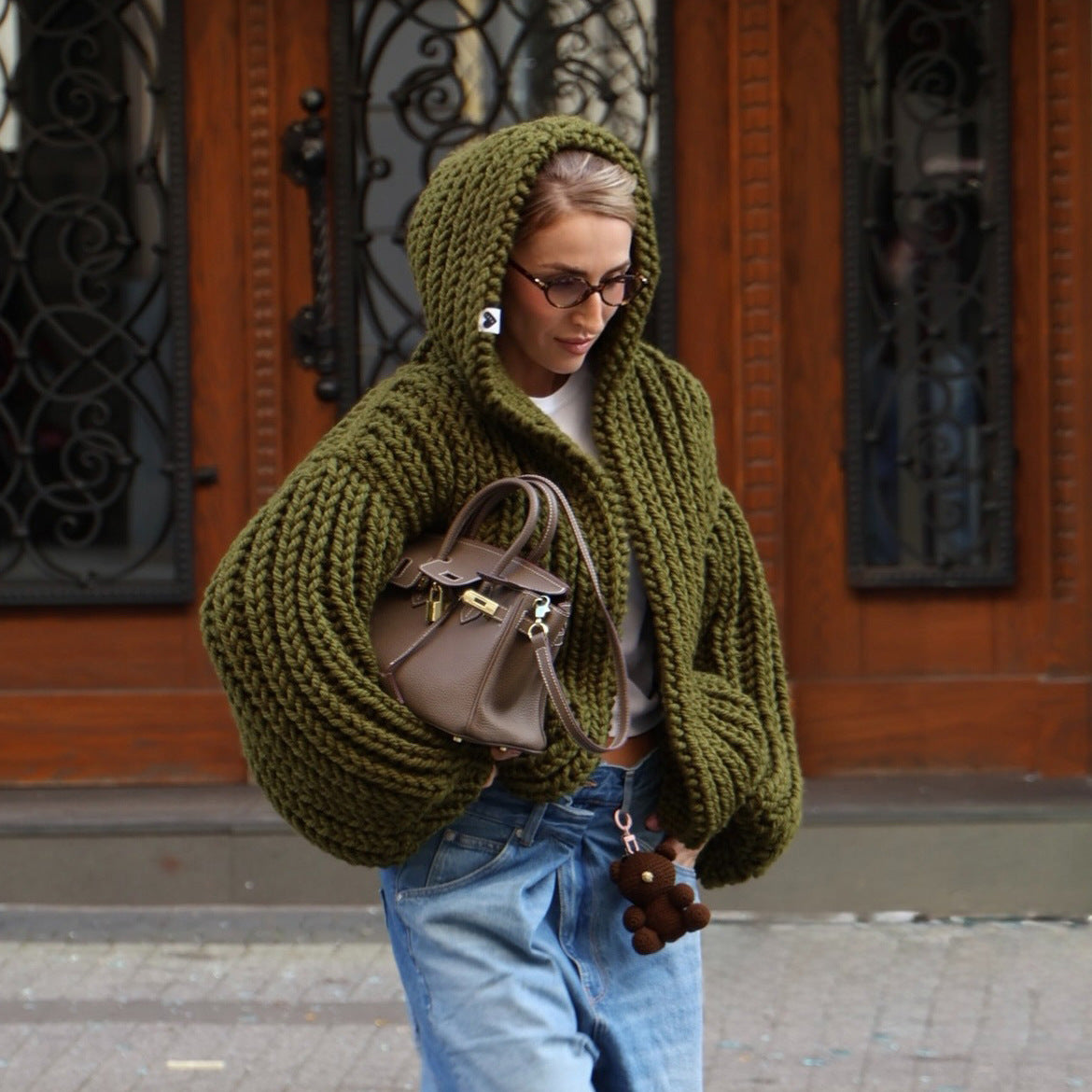Damen Strickjacke mit oversize Schnitt und Kapuze WW