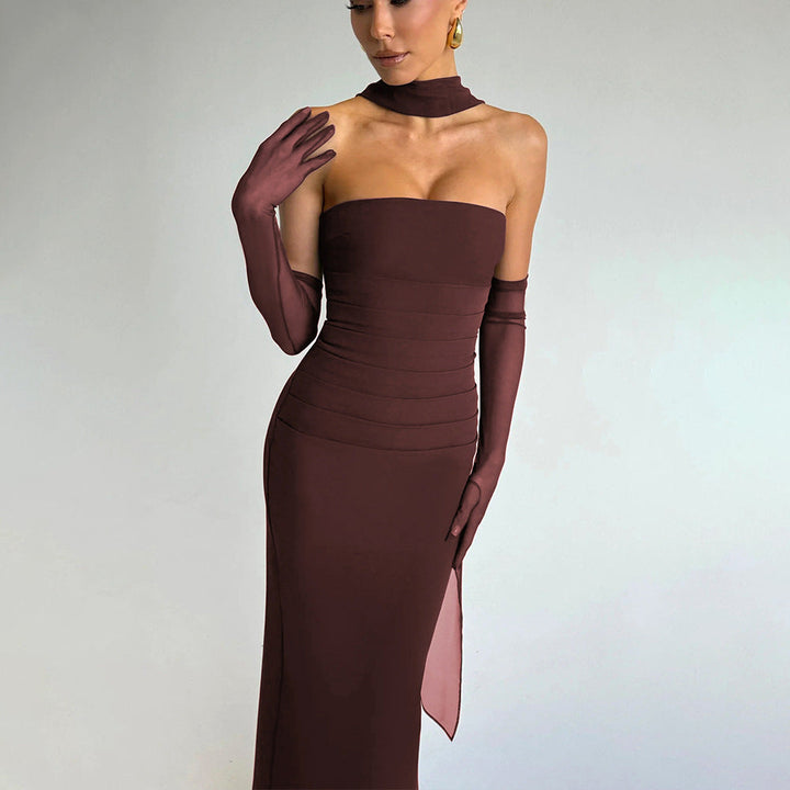 Damen Elegantes und figurbetontes Maxikleid mit transparenten Ärmeln W&W Mode