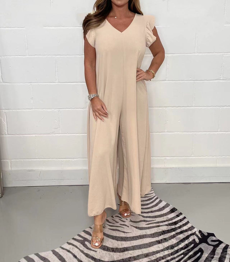 Damen eleganter Jumpsuit mit weit geschnittenen Beinen und V-Ausschnitt