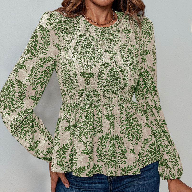 Damen Bluse mit eleganter Rüschennähten und floralem Muster WW