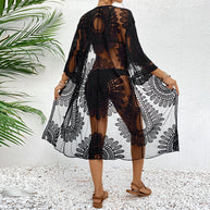 Damen transparenter Strandüberwurf mit elegantem Häkelmuster WW