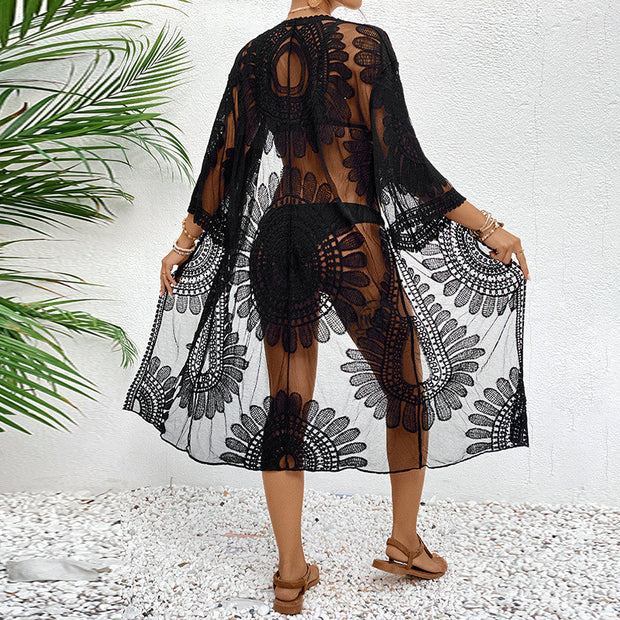 Damen transparenter Strandüberwurf mit elegantem Häkelmuster WW