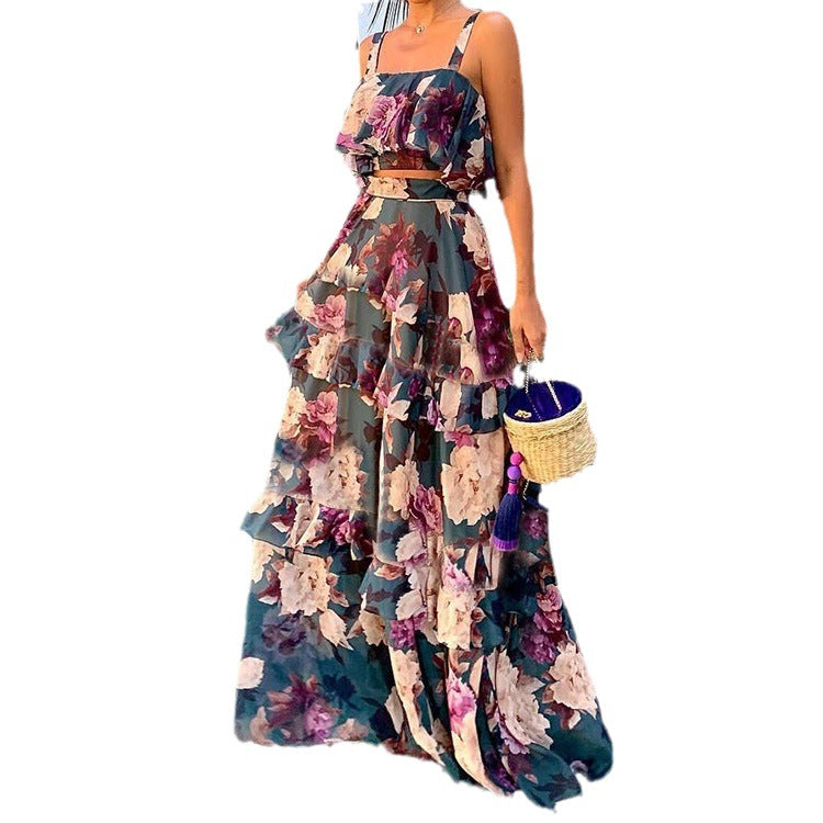 Damen Maxi-Rock mit gestuftem Volant und floralem Design W&W Mode