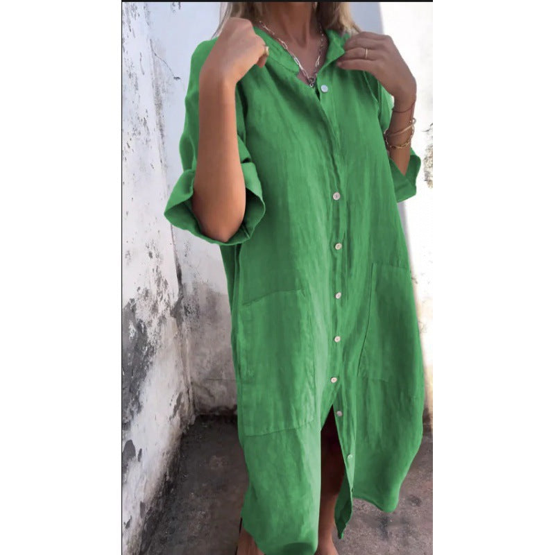 W&W Mode | Lässiges Baumwoll-Leinen Shirtkleid mit dreiviertelärmeln
