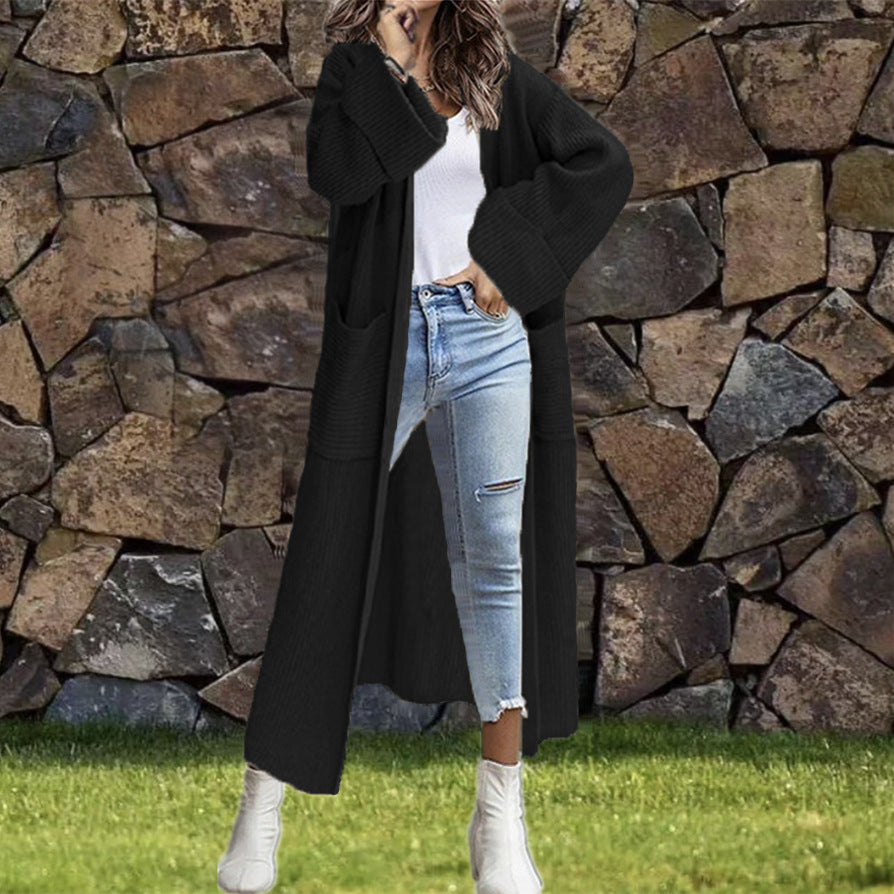Damen Lange Strickjacke mit modischer Struktur und praktischen Taschen WW