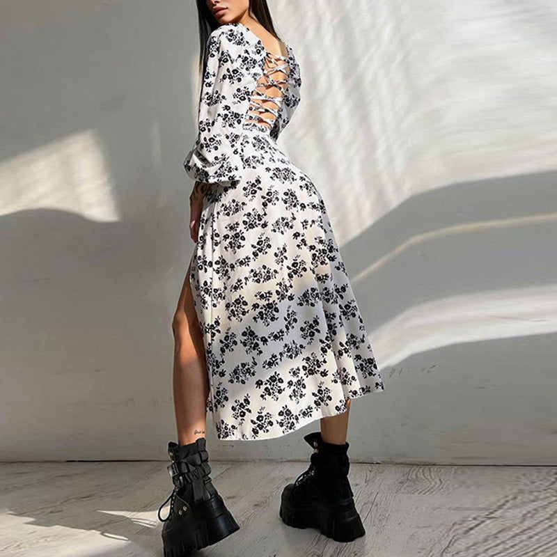 Damen Maxikleid mit elastischen Puffärmeln und sexy Schlitz W&W Mode