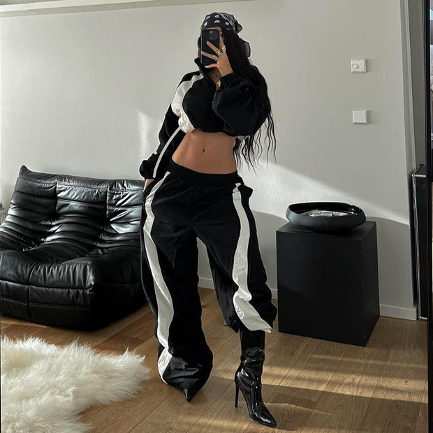 Damen Sportliches Crop-Set mit elastischem Bund und Kontraststreifen WW