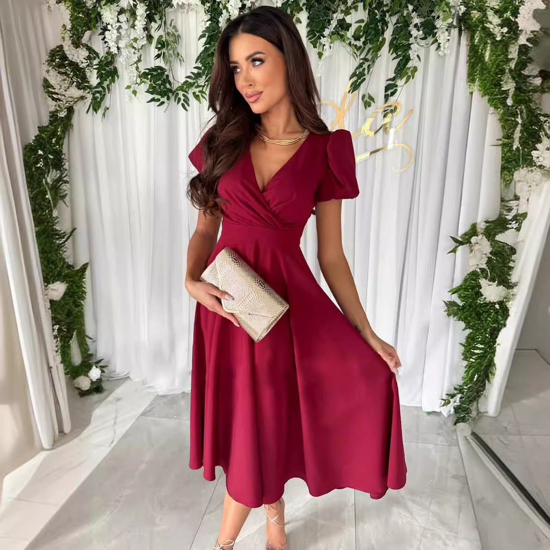 W&W Mode | Stylisches Pendeln Unifarbe V-Ausschnitt Puffärmel Kleid