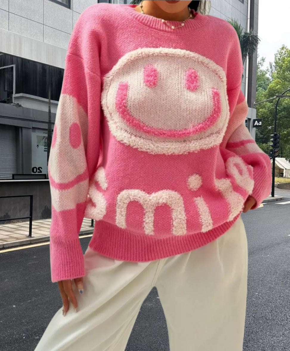 Damen Strickpullover mit fröhlichem Emoji-Motiv und komfortablem Schnitt WW