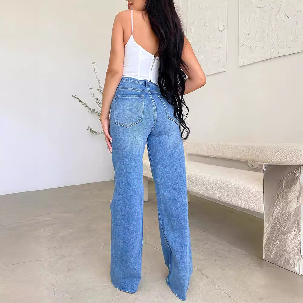 Damen weite High-Waist Jeans mit destroyed Effekten WW