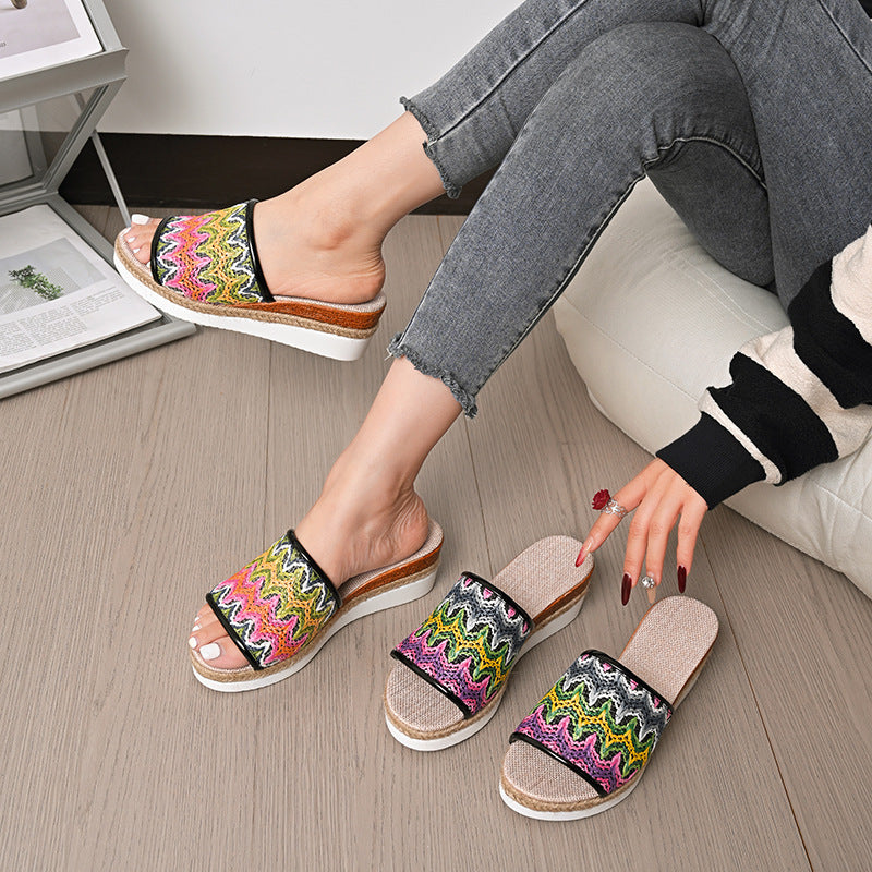Damen Espadrille Wedge Slide Sandalen mit buntem gewebtem Obermaterial WW