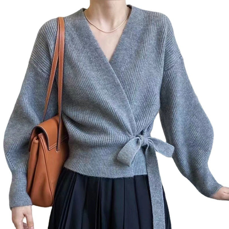 Damen Wickeljacke mit breiten Ärmeln und Taillenknoten WW