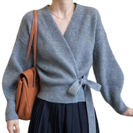 Damen Wickeljacke mit breiten Ärmeln und Taillenknoten WW