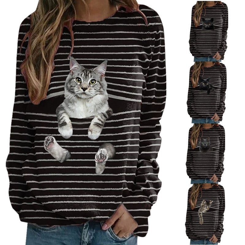 WW | Verspielt Katzen Druck Gestreiftes Damen T-Shirt