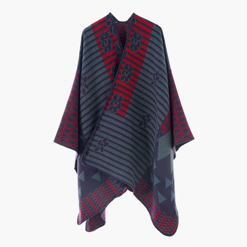 Damen Eleganter Poncho mit grafischem Muster und weichen Fransen WW