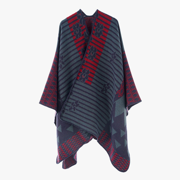 Damen Eleganter Poncho mit grafischem Muster und weichen Fransen WW