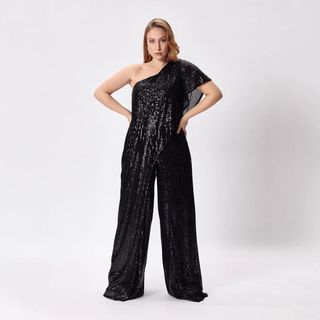 Damen Einseitiger Pailletten Jumpsuit mit weiter Hose W&W Mode