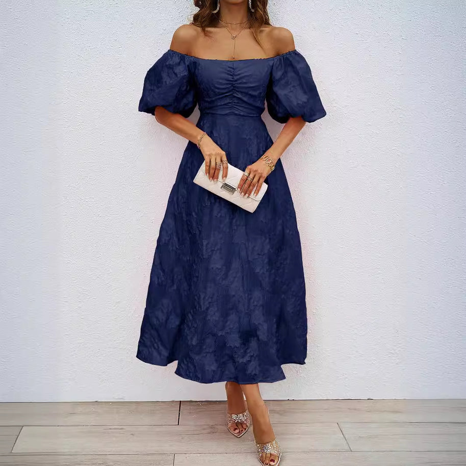 Damen elegantes Maxi-Kleid mit floralem Relief und schulterfreiem Design WW