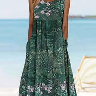 Damen Ärmelloses Blumendruck Maxikleid mit Taschen WW