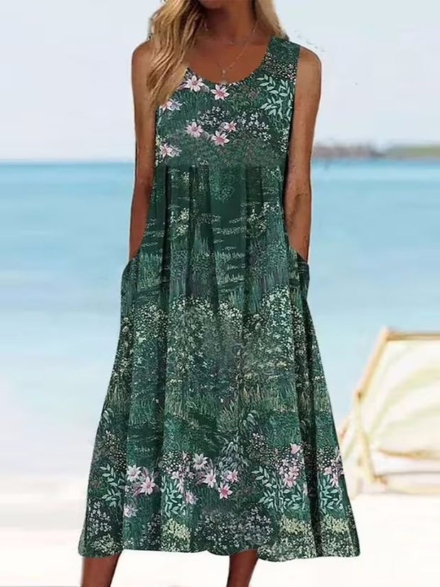 Damen Ärmelloses Blumendruck Maxikleid mit Taschen WW