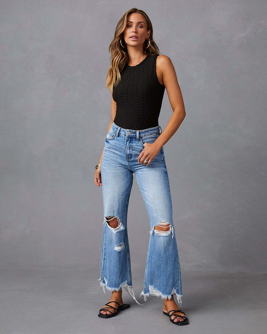 Damen weite High-Waist Jeans mit Destroyed-Details WW