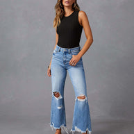 Damen weite High-Waist Jeans mit Destroyed-Details WW