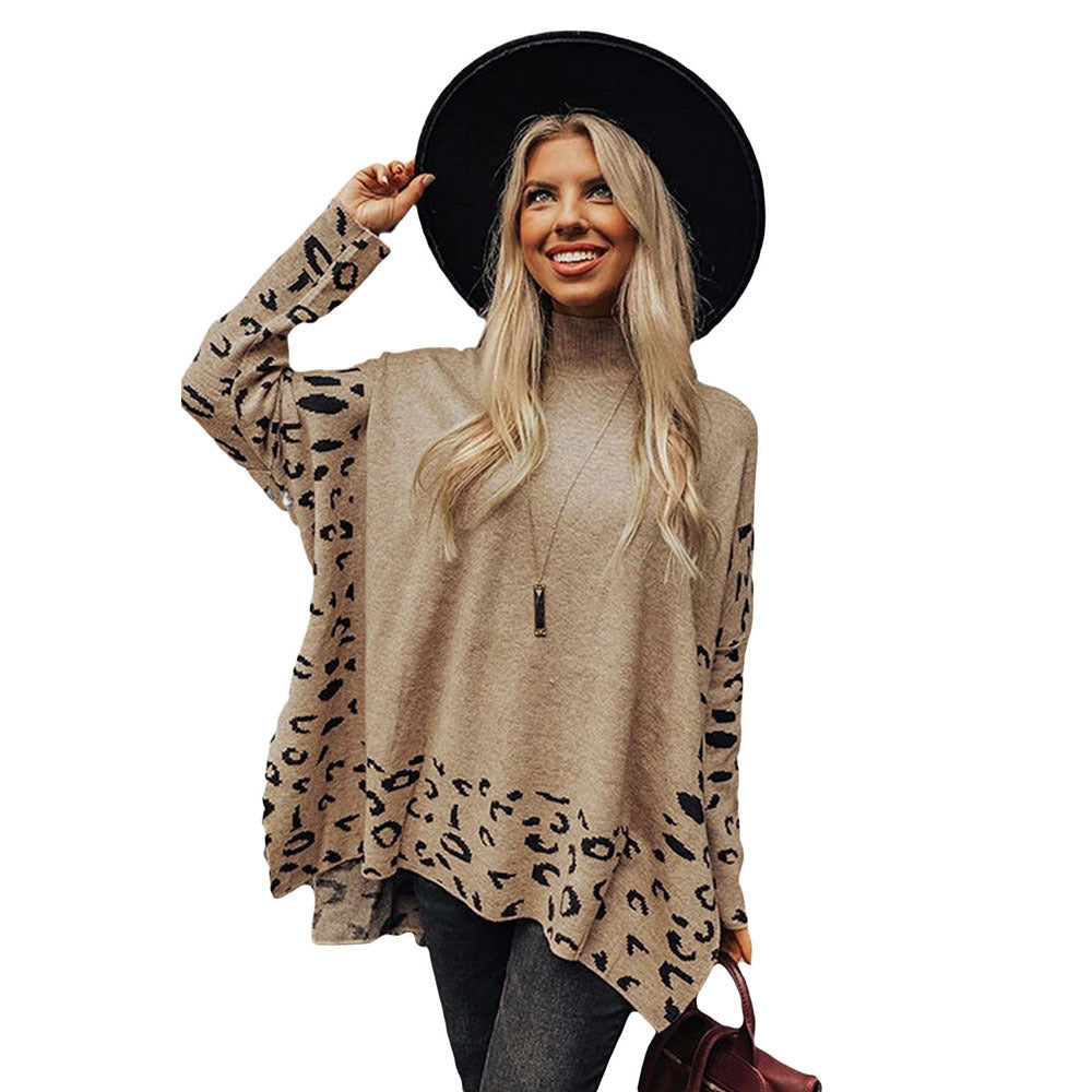 Damen lässiges Oversized-Pullover mit animalischem Muster und hohem Kragen WW