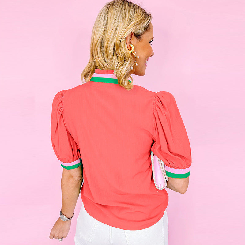 Damen Bluse mit stilvollen Rüschendetails und modischem Farbkontrast WW