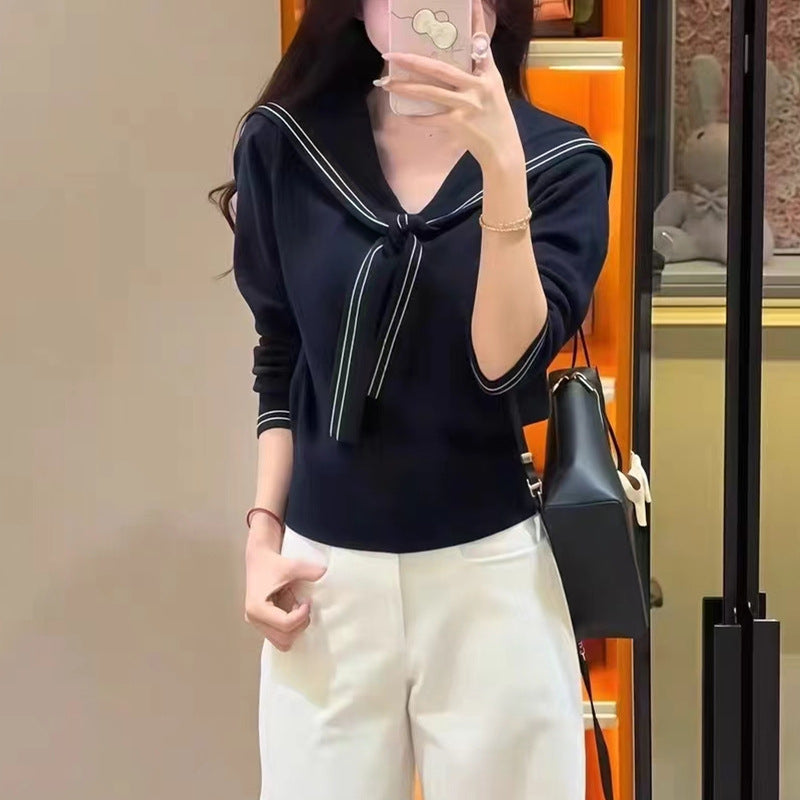 Damen stilvoller Pullover mit Schleifenkragen und feiner Strickstruktur WW