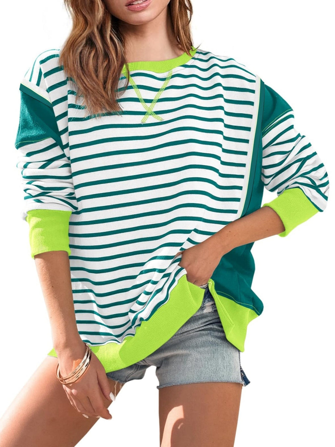 Damen gestreifter Sweatshirt mit übergroßem Schnitt W&W Mode