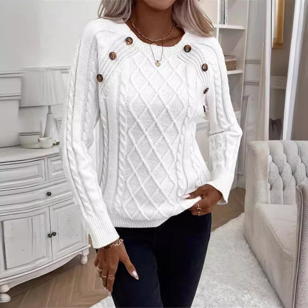 Damen Strickpullover mit strukturiertem Rautenmuster und dekorativen Knöpfen WW